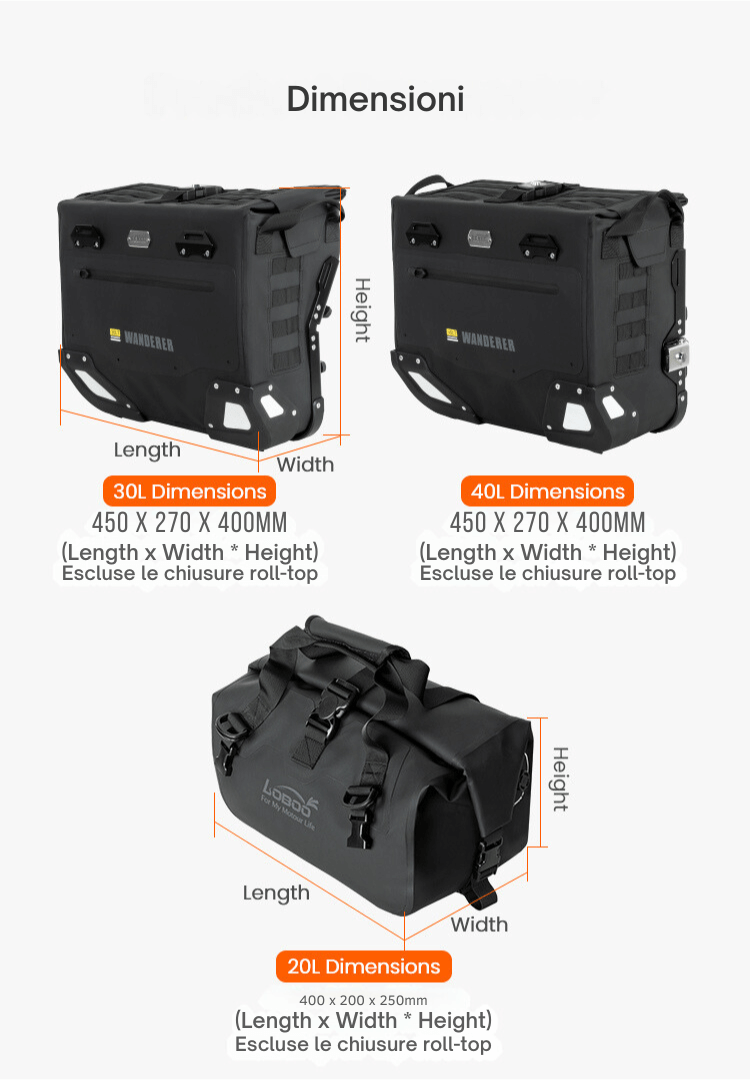 Dimensioni delle valigie LOBOO Wanderer: 450 x 270 x 400 mm e sacca da 20 L 400 x 200 x 250 mm