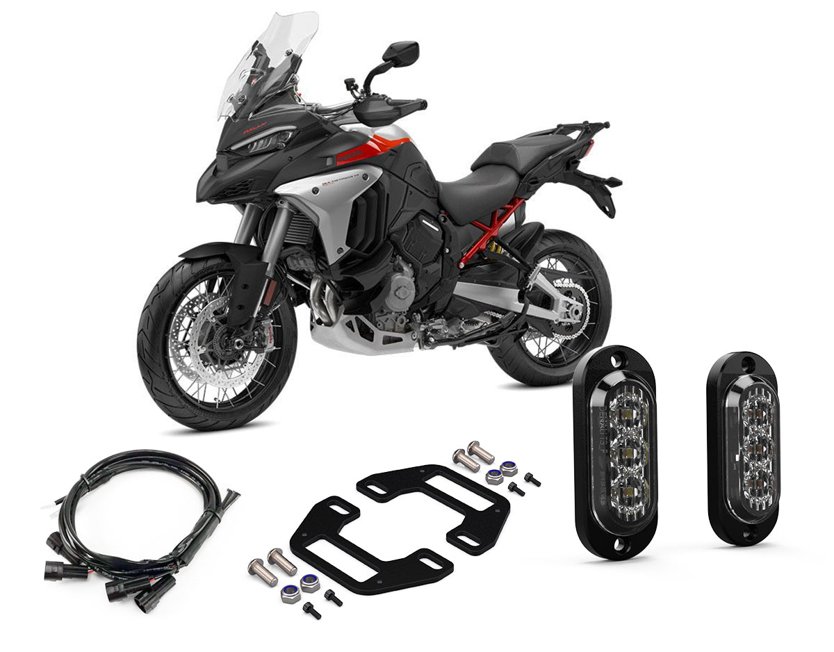 Kit visibilità posteriore DENALI con indicatori T3 sulla targa della Ducati Multistrada V4