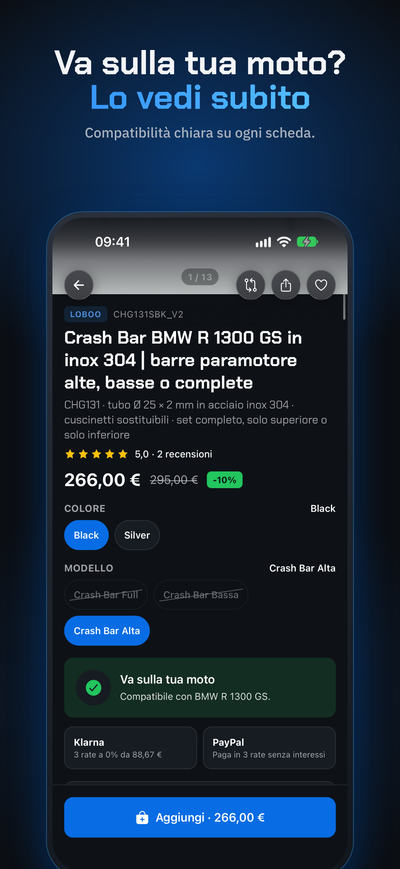 App Endurrad su iPhone: scheda crash bar BMW R 1300 GS con compatibilità confermata