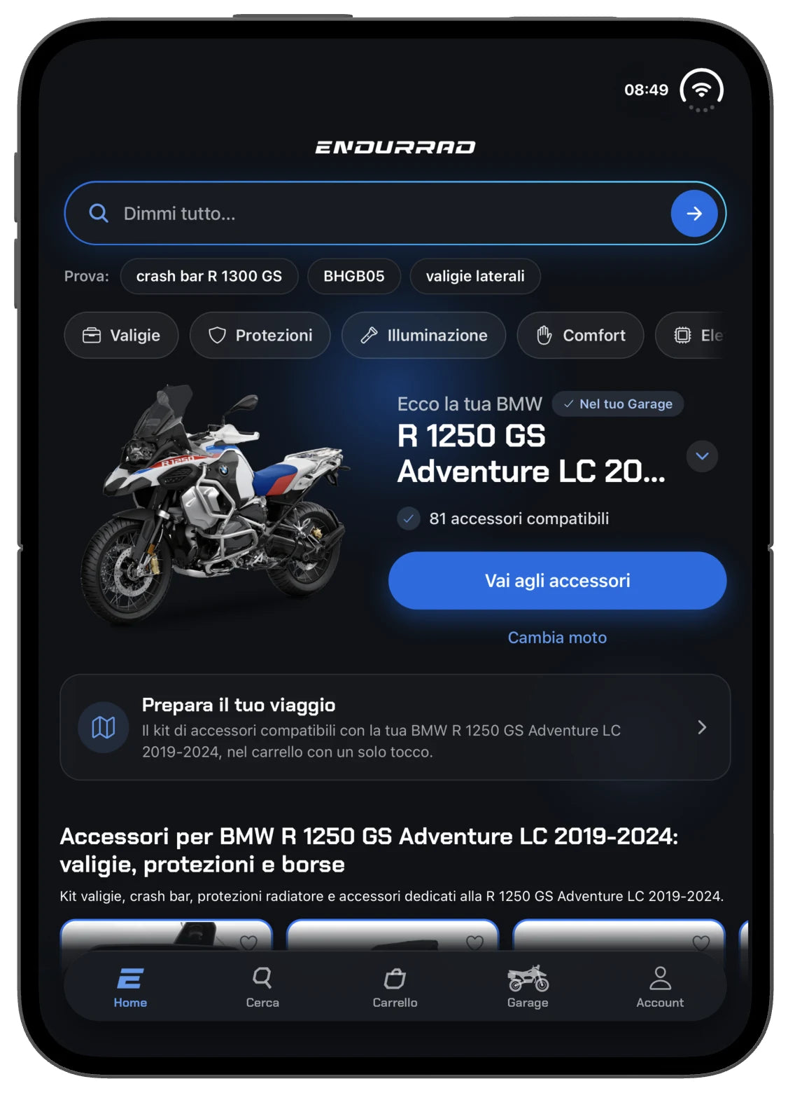 App Endurrad su iPhone Duo aperto: Home a due colonne con la moto del Garage e gli accessori compatibili