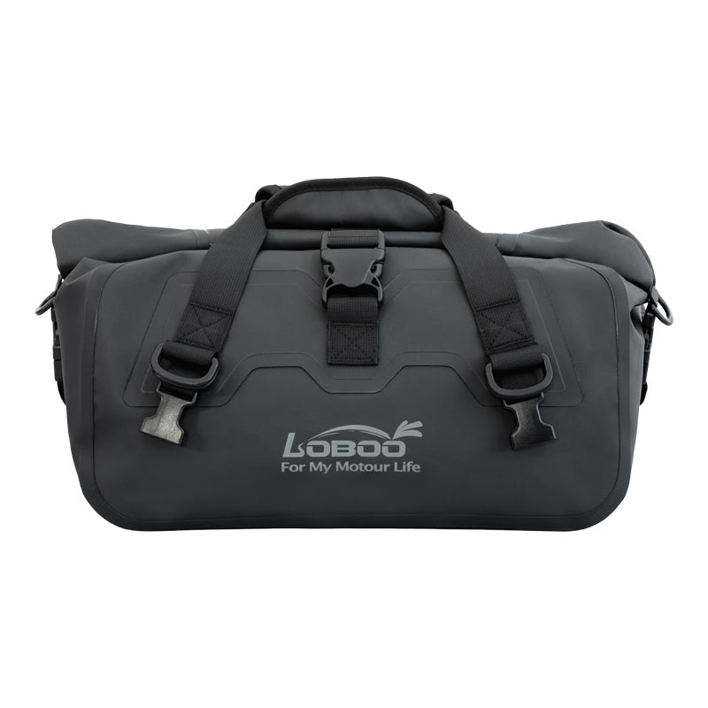 Borsa posteriore LOBOO BWB20PBK da 20 L in PVC nero, vista laterale con chiusura roll-top e fibbie di compressione