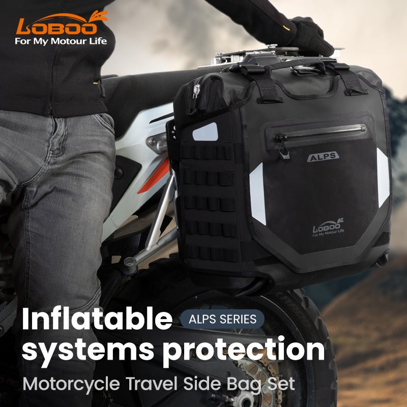 Valigia laterale LOBOO Alps installata sul telaio di una moto adventure, vista laterale