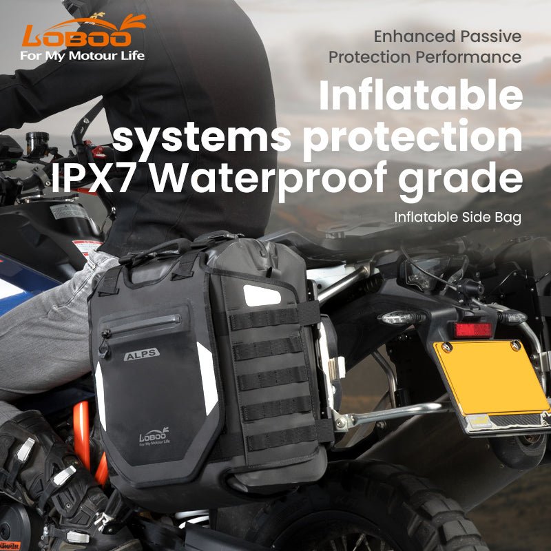 Valigia LOBOO Alps montata su moto, protezione gonfiabile e impermeabilita IPX7