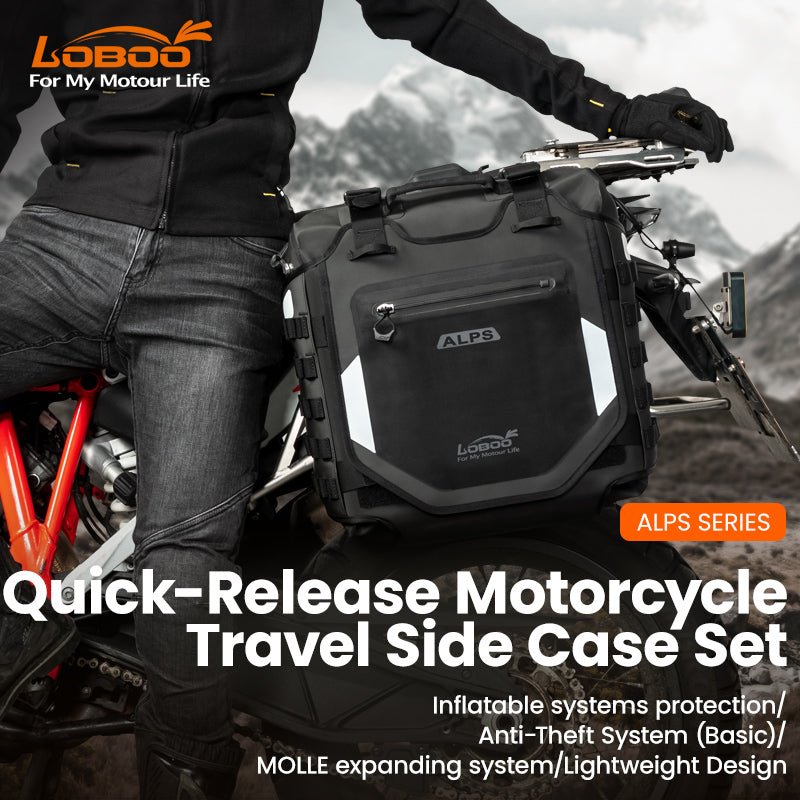 Motociclista aggancia la valigia laterale LOBOO Alps al telaio con il sistema a sgancio rapido