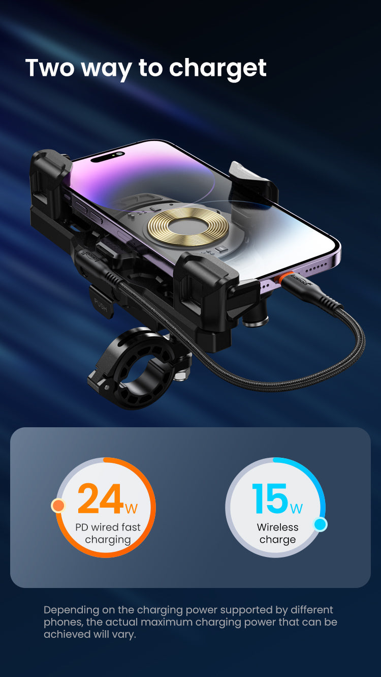 Cavo LOBOO a gomito collegato a un supporto smartphone da manubrio