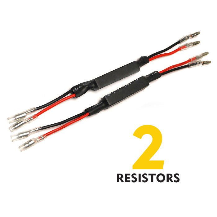 Coppia di resistenze per frecce LED moto con cavi rosso e nero e connettori