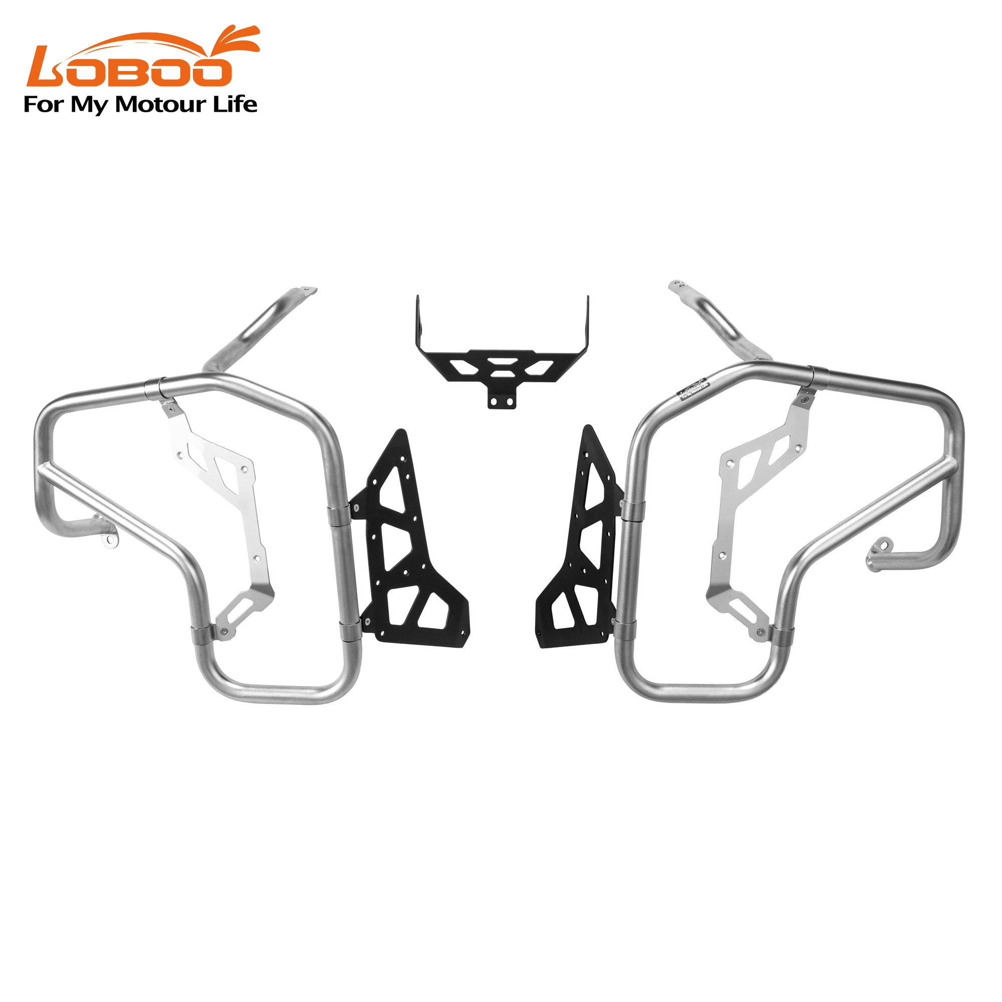 Set completo crash bar LOBOO CHG151 argento per BMW R 1300 GS Adventure: due barre superiori, staffe laterali e supporto centrale