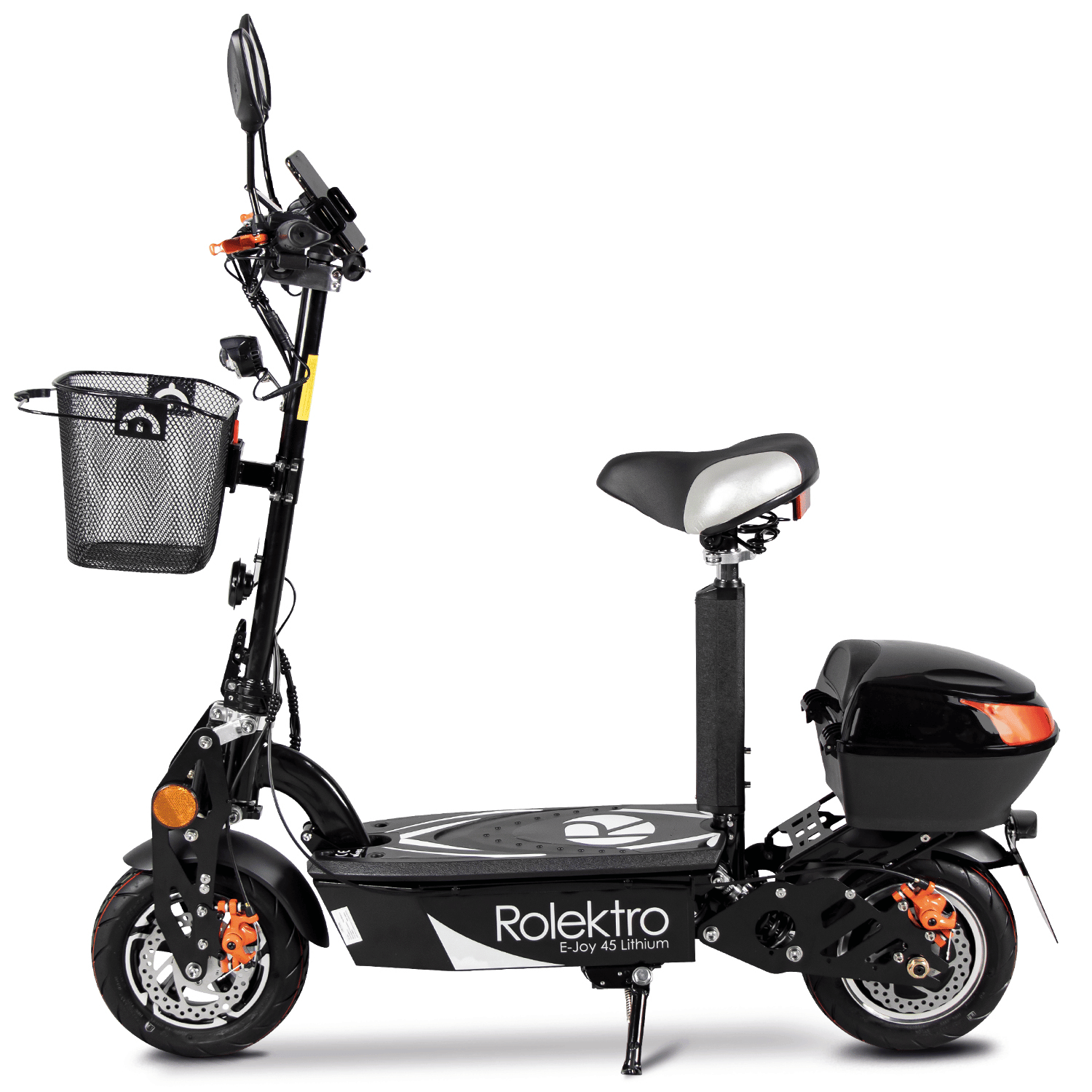 Profilo sinistro del Rolektro E-Joy 45 Lithium: pedana, sella regolabile, cestello e bauletto