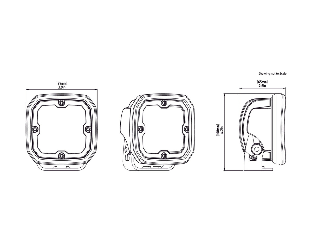 Disegno quotato del faretto LED DENALI D4: corpo quadrato da 99 mm