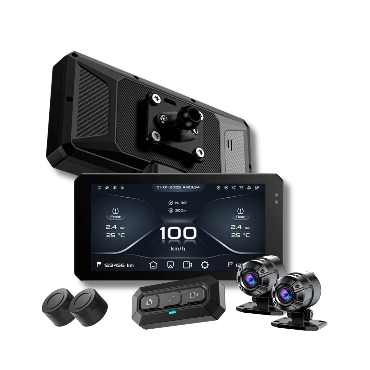 JADO S6 + Dashcam Frontale e posteriore Sony 2MP + Sensori di pressione pneumatici TMPS + Telecomando wireless per Controllo remoto