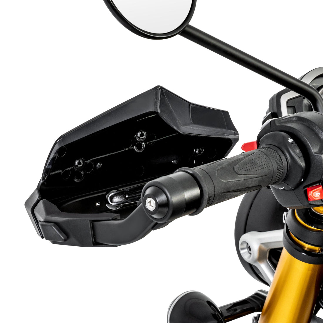 Dettaglio dell'attacco bar-end del paramano LOBOO CHS931 sul manubrio della Scrambler 1200XE
