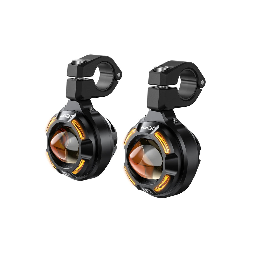 Faro ausiliario LOBOO L7X visto di lato, con il morsetto orientabile per barre da 22, 25 e 28 mm