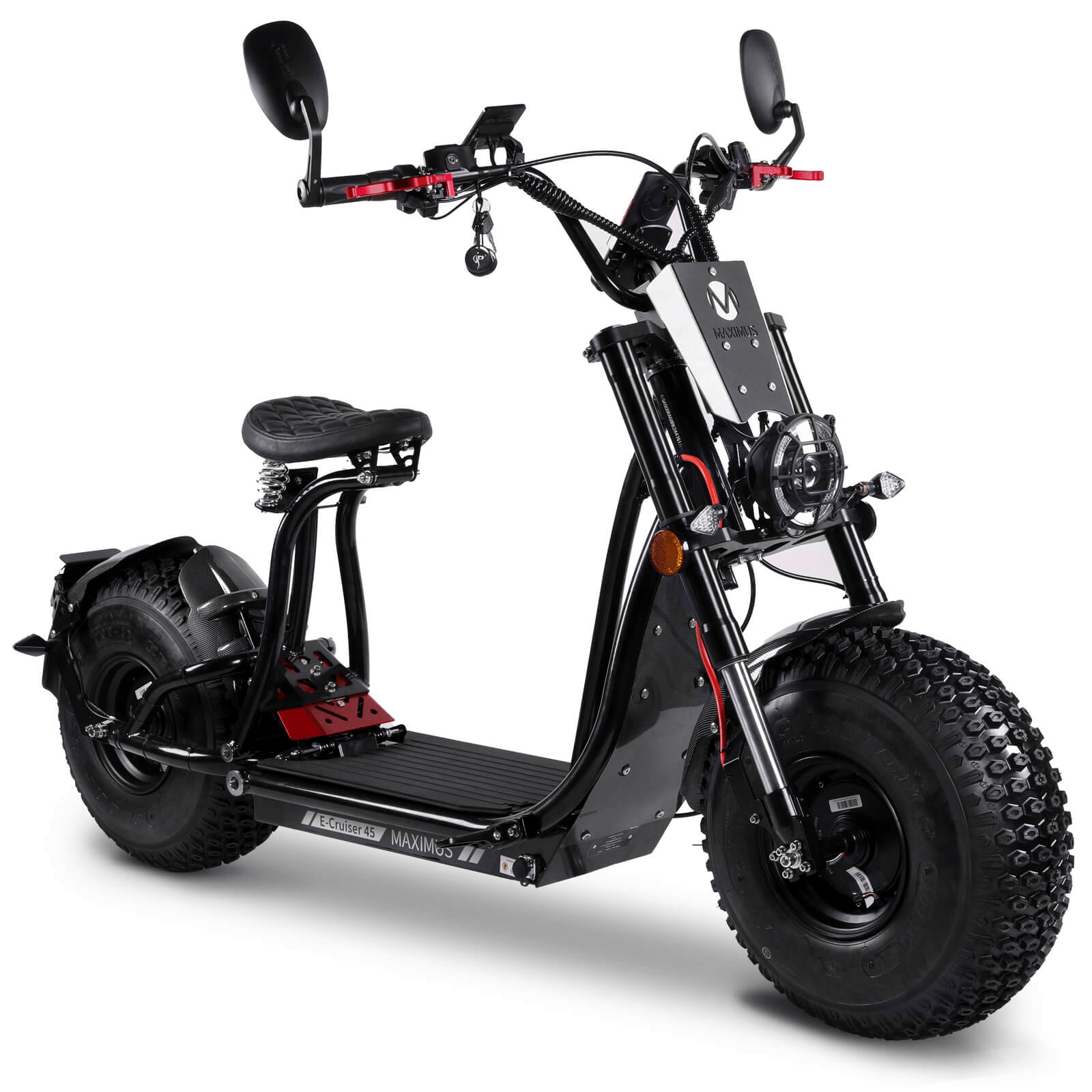 Scooter elettrico Maximus E-Cruiser 45 nero in vista tre quarti anteriore destra con pneumatici maggiorati e sella monoposto