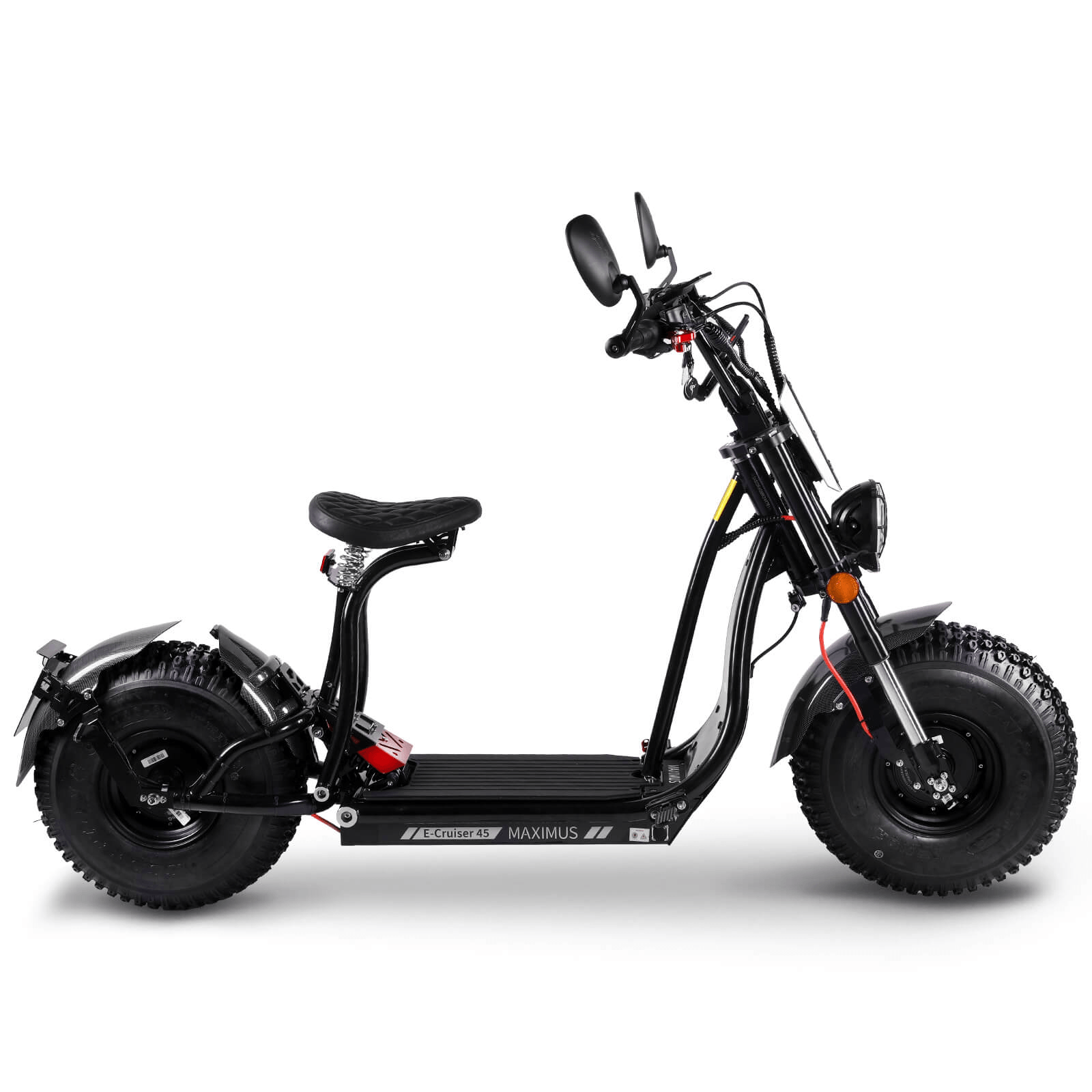 Profilo laterale destro del Maximus E-Cruiser 45 con forcella telescopica anteriore e sospensione posteriore