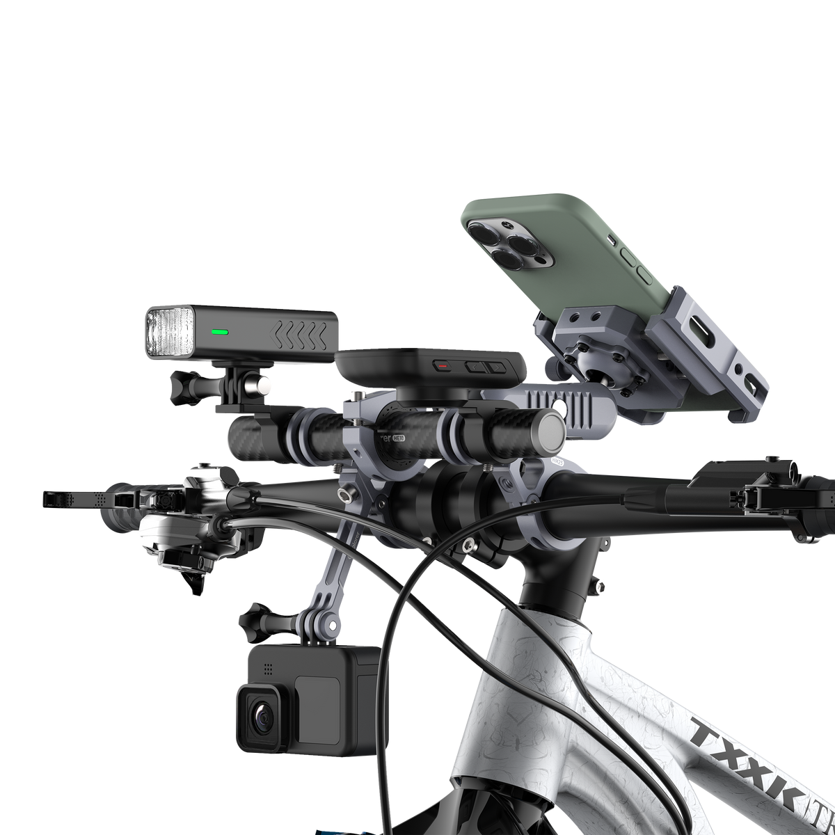 Outplorer H1000 con telefono, action cam e luce sul manubrio