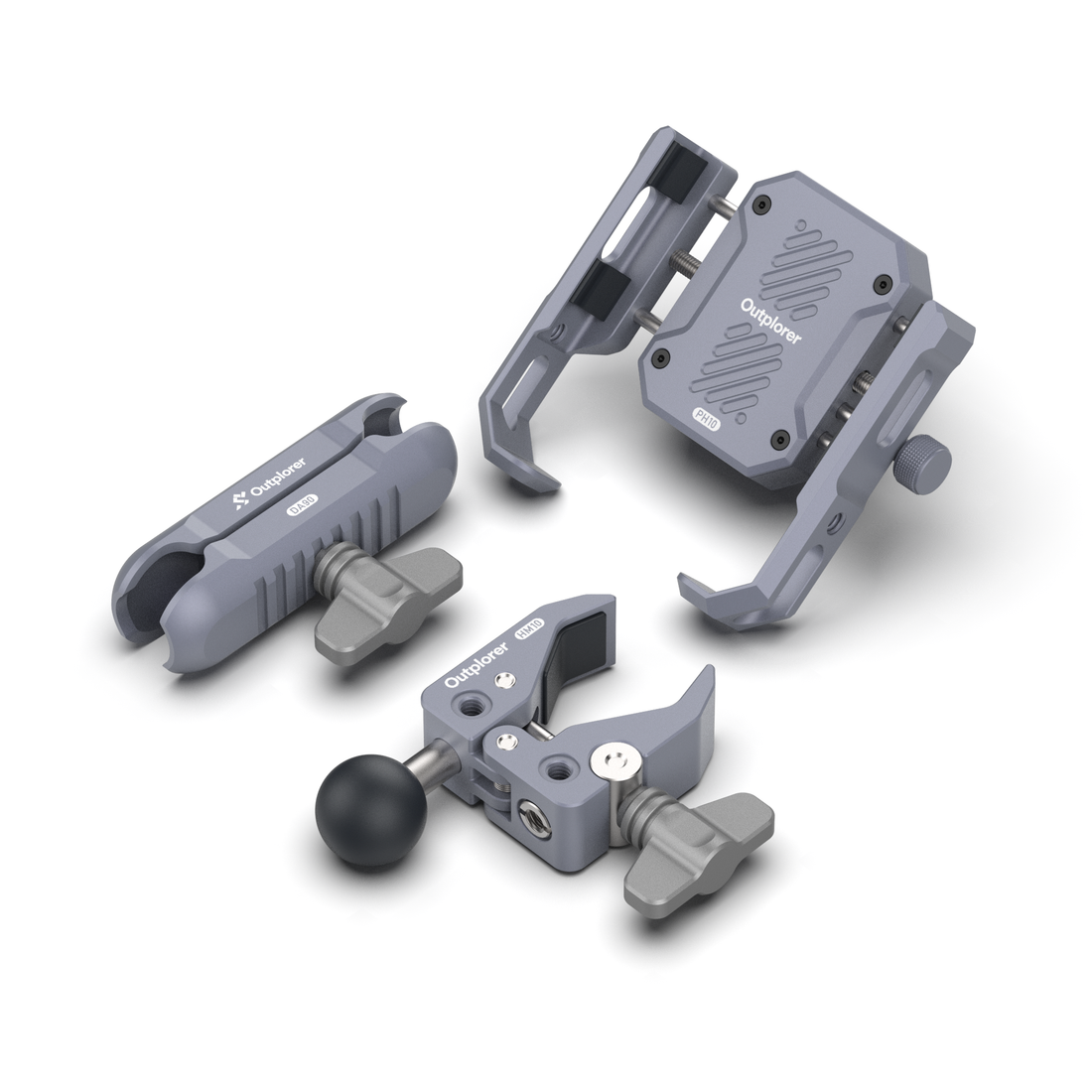 Contenuto del kit Outplorer P100-A: pinza, braccio DA90, morsetto HM10