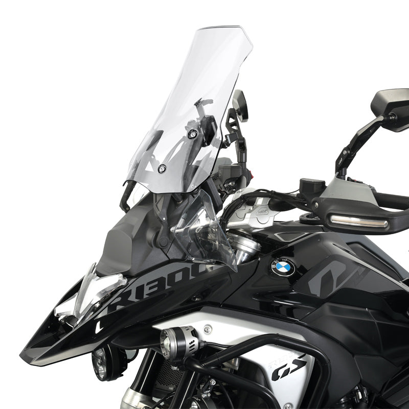 Parabrezza trasparente sulla BMW R 1300 GS, vista di tre quarti anteriore sinistra