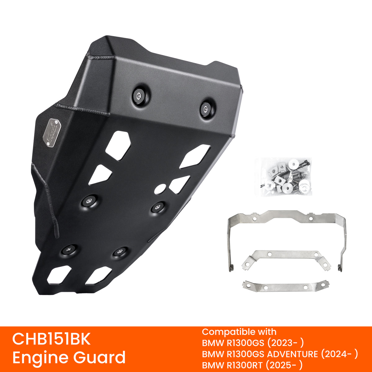 Kit del paracoppa per BMW R 1300 GS: piastra in alluminio nero, tre staffe e sacchetto della viteria