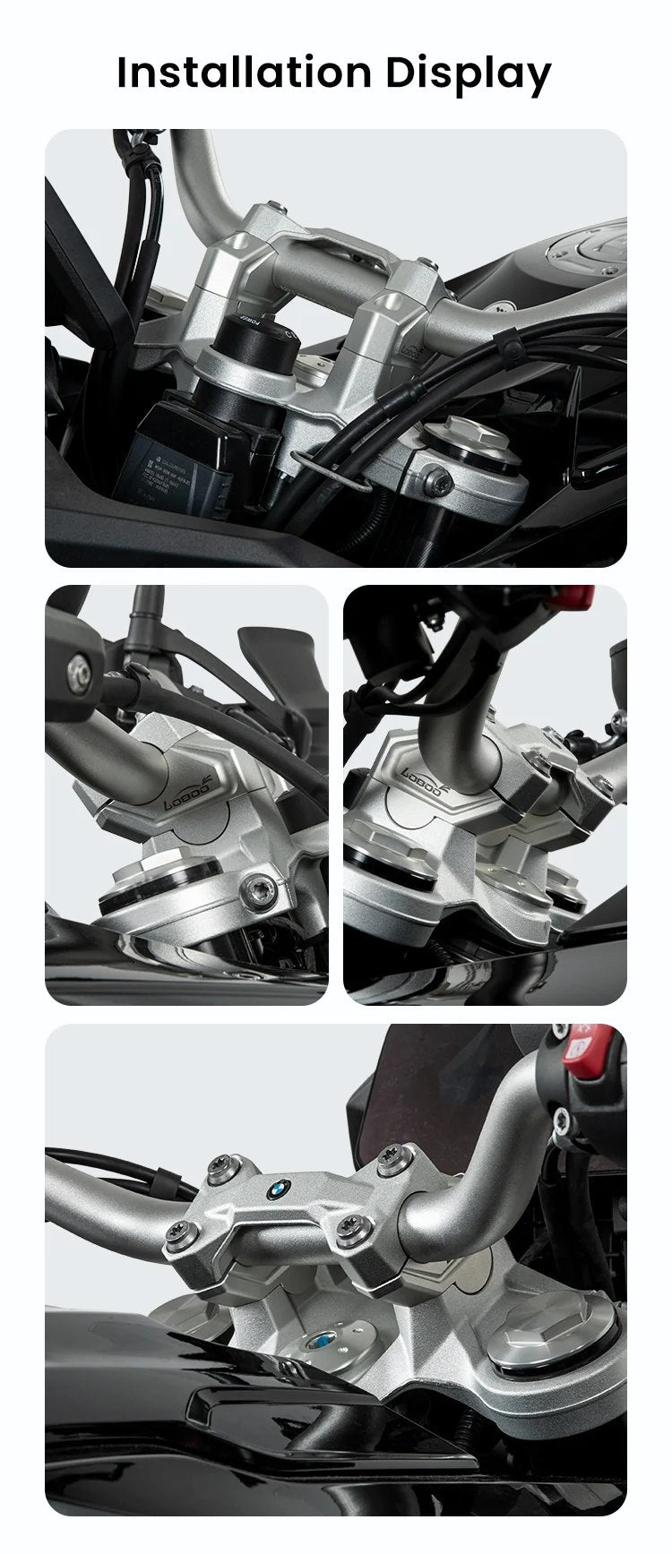Riser LOBOO CJG033 installato sulla BMW F 850 GS: quattro viste del manubrio
