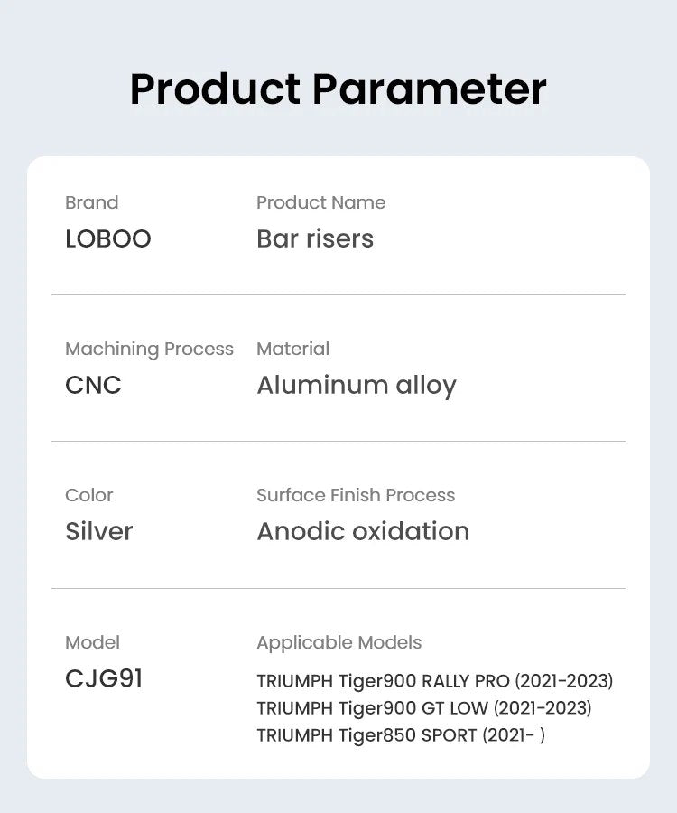 Scheda parametri LOBOO CJG91: alluminio CNC, ossidazione anodica, colore argento