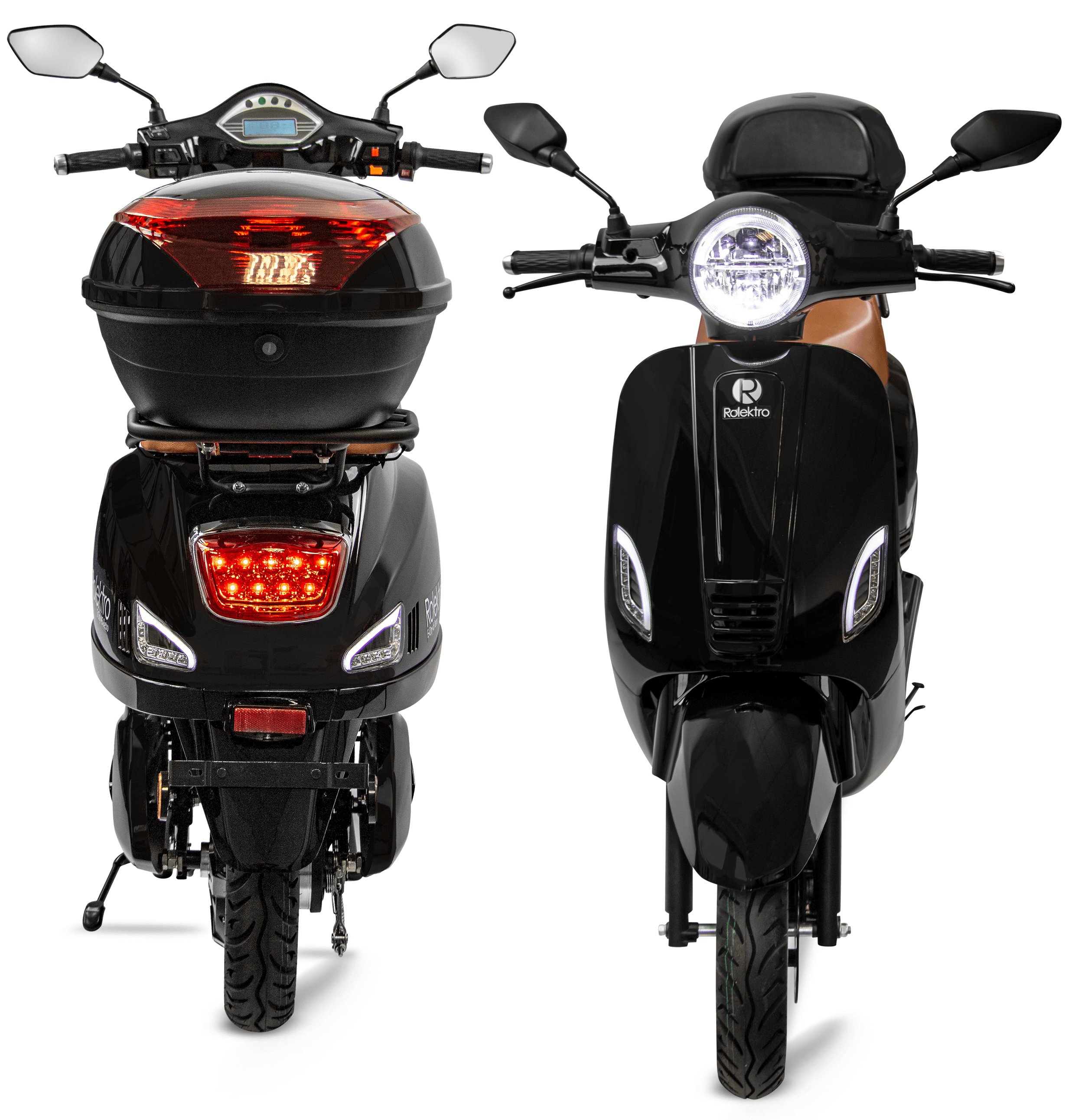Rolektro E-City 45 Retro: viste frontale e posteriore affiancate con luci LED accese