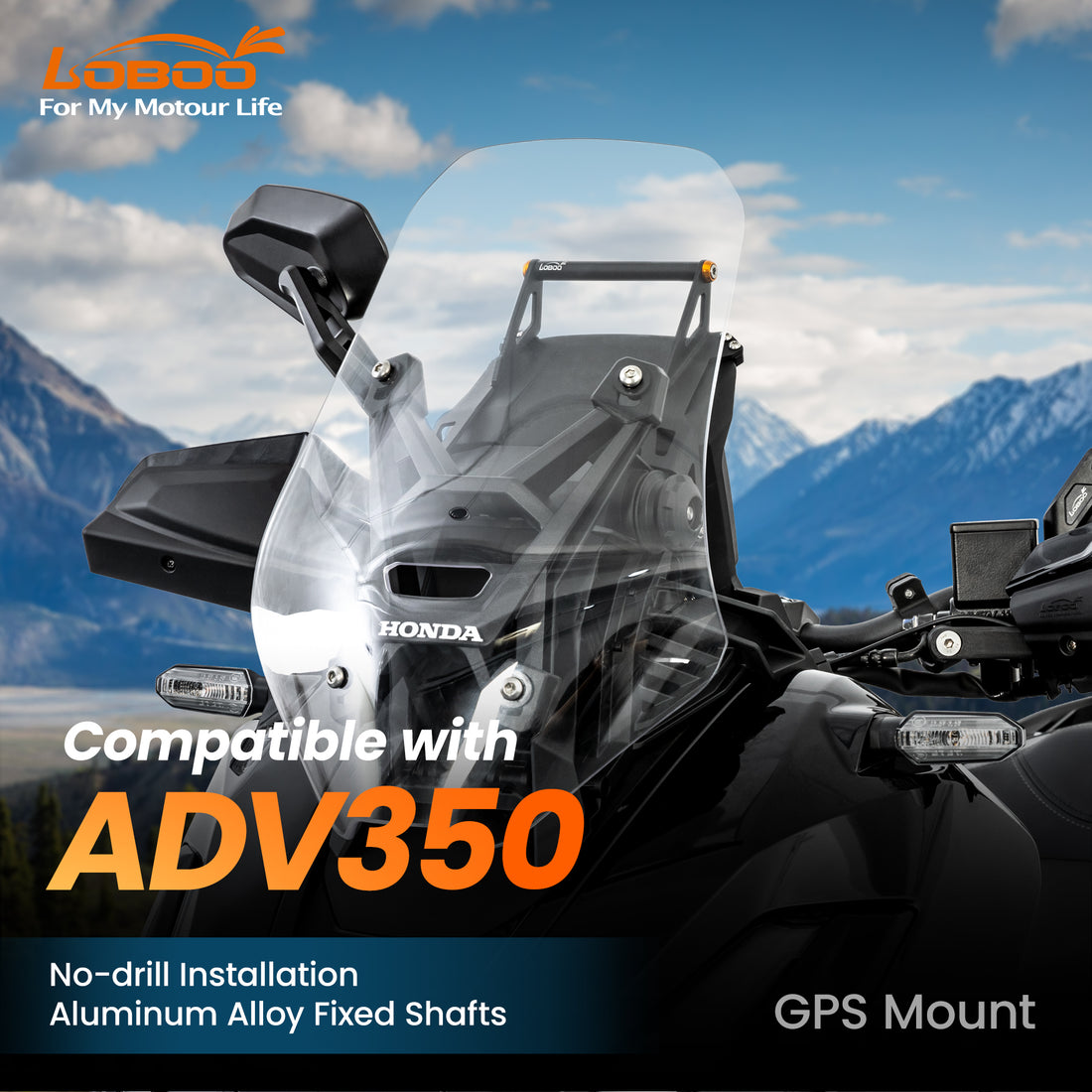Supporto navigatore montato sulla Honda ADV350, con paesaggio di montagna sullo sfondo