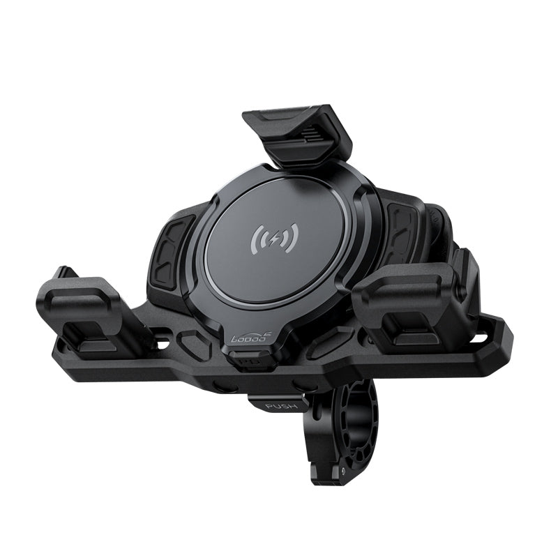 Supporto smartphone LOBOO PH02S visto di tre quarti, con pad di ricarica wireless e morsetto per manubrio