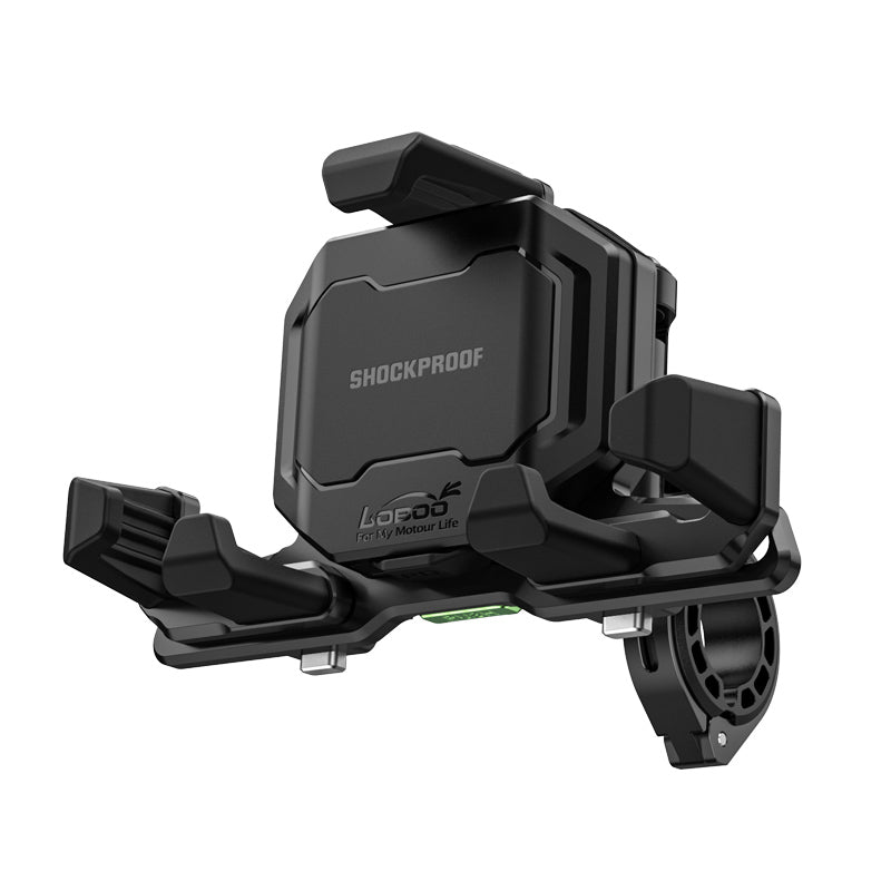 Supporto smartphone LOBOO PH06 visto di tre quarti, corpo in lega di alluminio con morsetto per manubrio