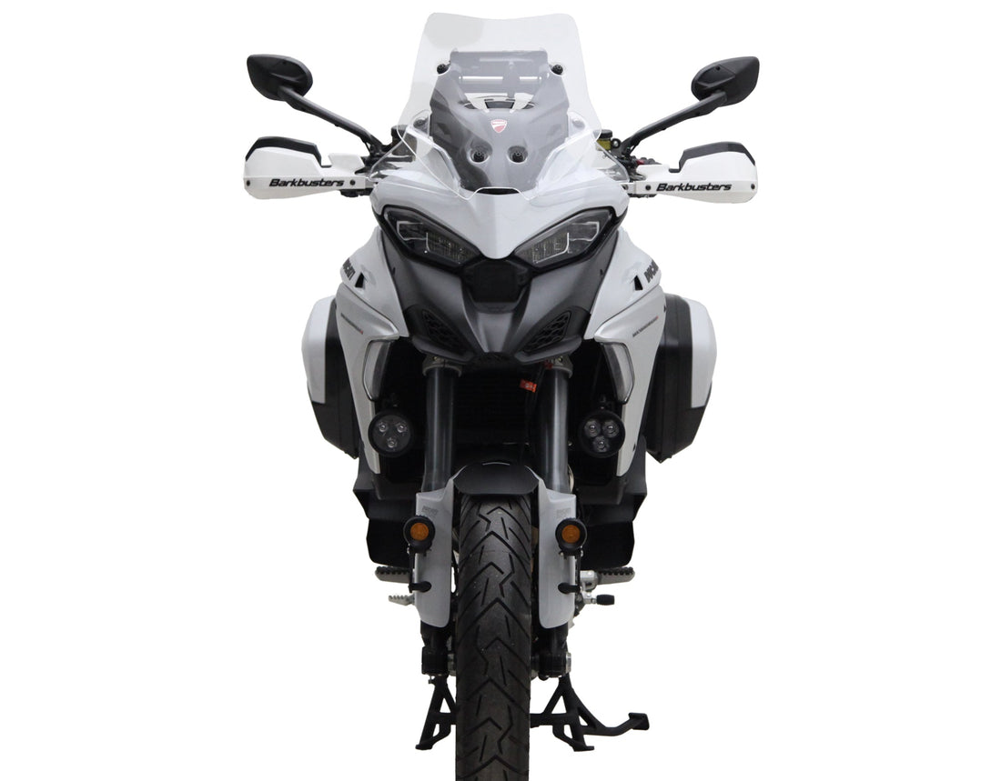 Vista frontale del supporto faretti DENALI sulla Multistrada V4