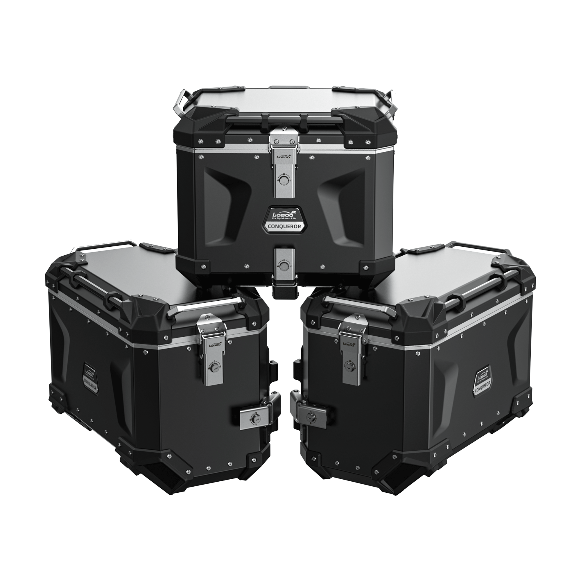 Set tre valigie LOBOO CONQUEROR in alluminio nero per BMW R 1300 GS: due laterali da 45 L e bauletto da 40 L