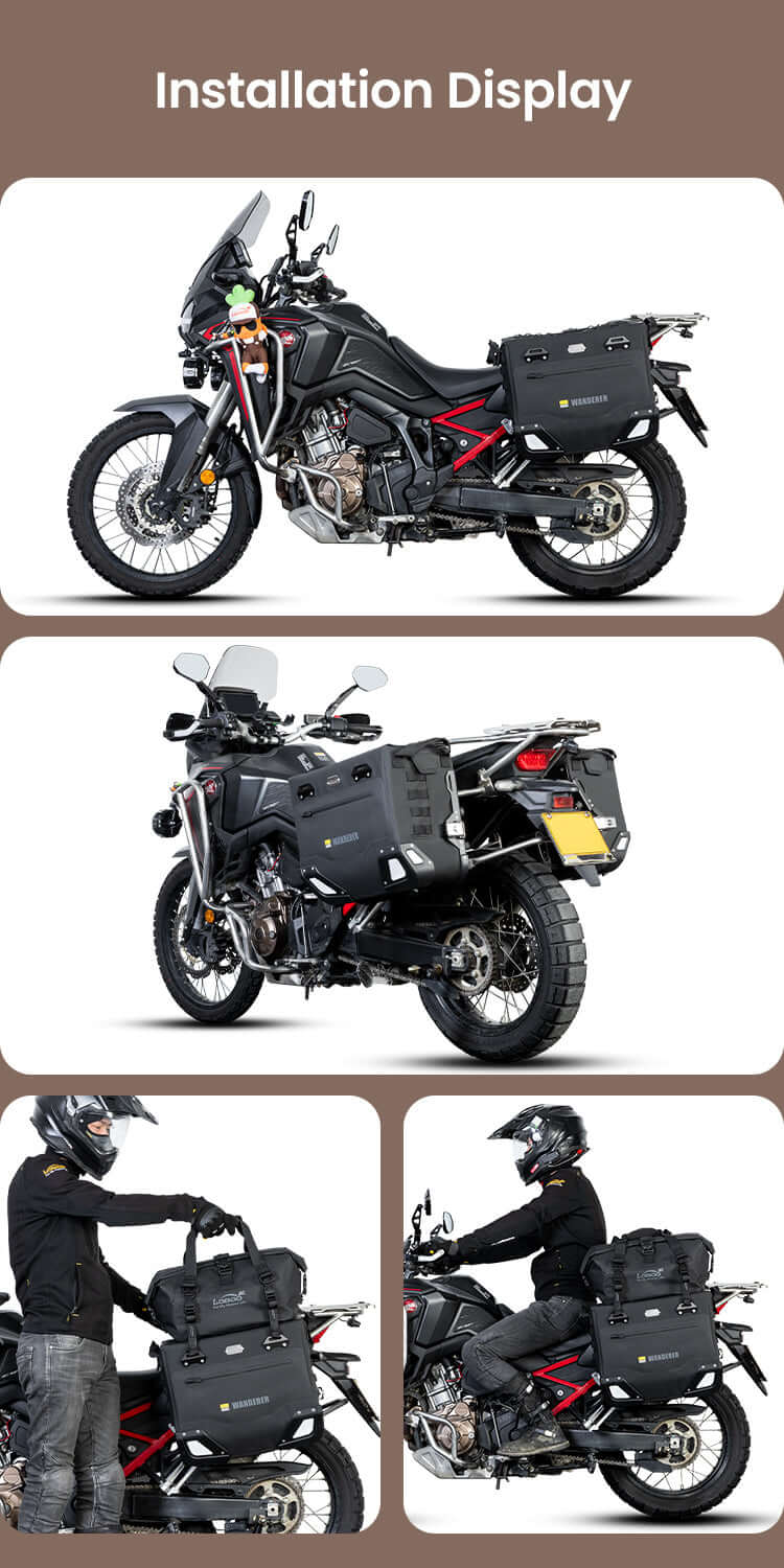 Valigie Semirigide Wanderer 40lt+30lt montate su Honda Africa Twin 1100, viste laterale e tre quarti