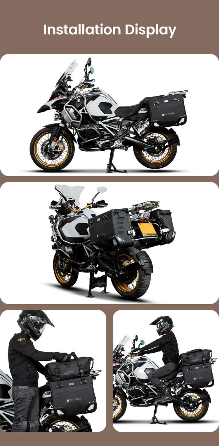 Valigie LOBOO Wanderer installate su BMW R 1250 GS Adventure, viste laterale e tre quarti