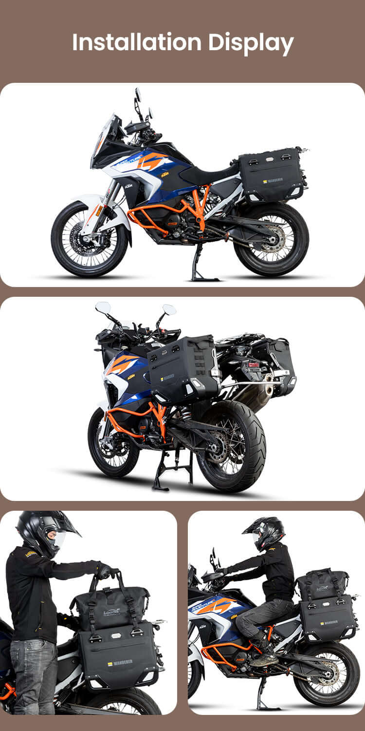 Valigie Semirigide Wanderer 40lt+30lt montate su KTM SuperAdventure 1290 R, viste laterale e tre quarti