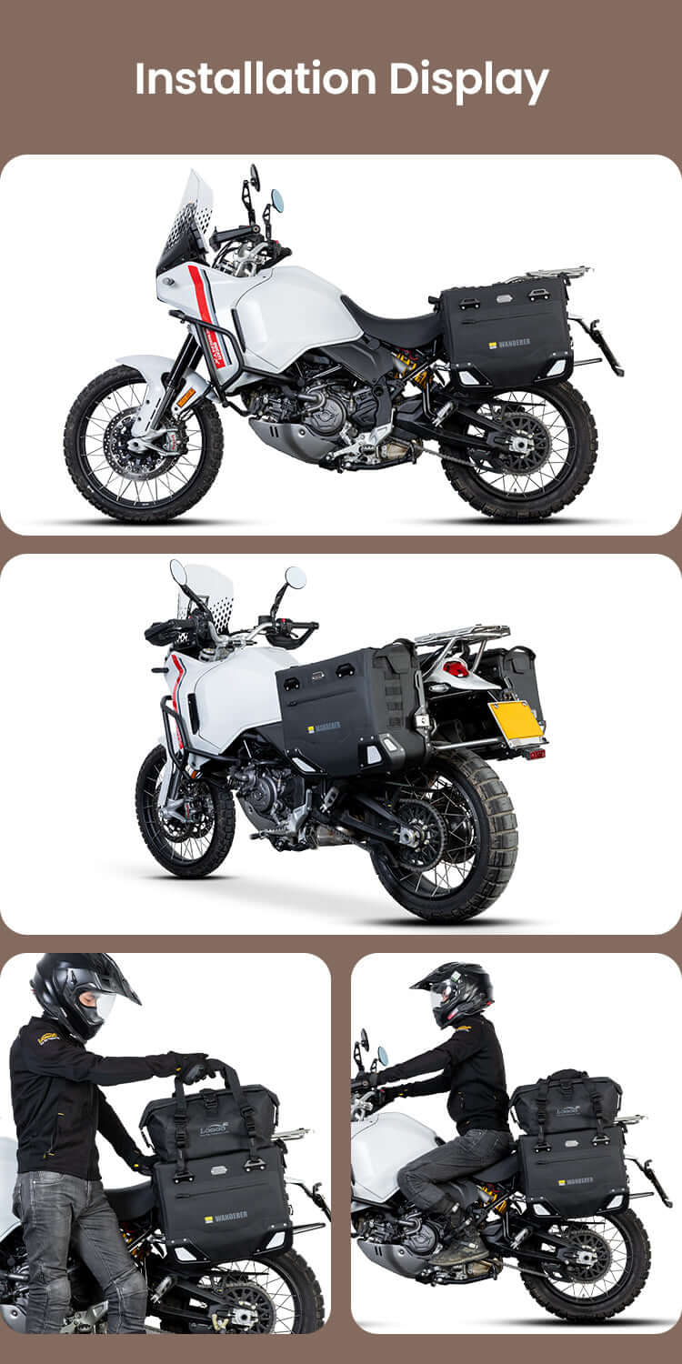 Valigie Semirigide Wanderer 40lt+30lt montate su Ducati DesertX, viste laterale e tre quarti