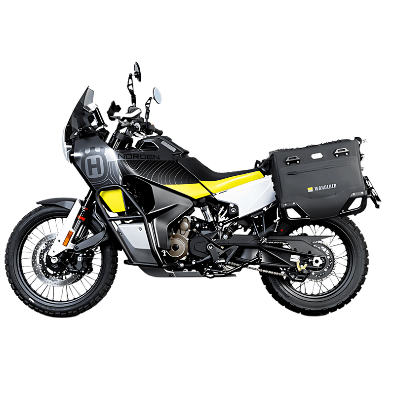 Semi-rigid panniers for the Husqvarna Norden 901: the Wanderers on JP901B racks