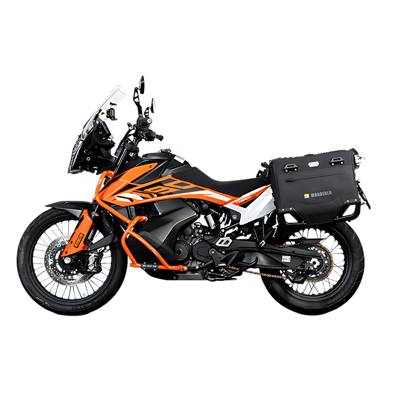 Semi-rigid panniers for KTM 790 and 890 Adventure: the Wanderer bags on JP221B frames