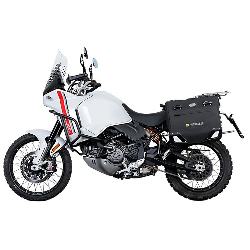 Semi-rigid panniers for Ducati DesertX: the Wanderer bags on JP581B frames