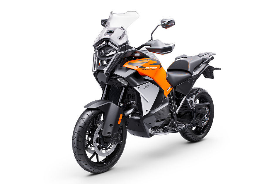KTM 1390 Super Adventure S EVO arancione e nera con radar e cambio AMT, vista anteriore tre quarti
