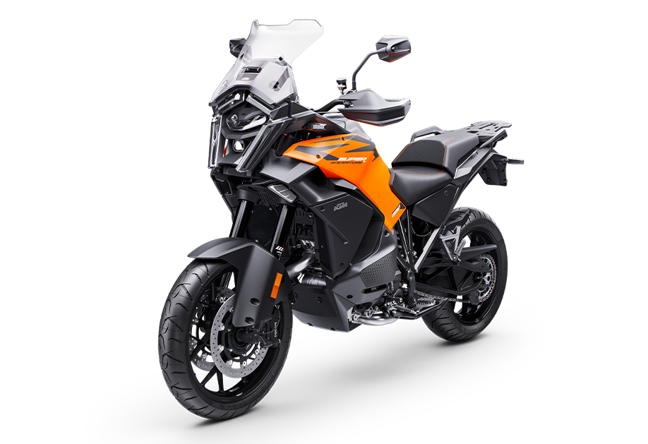 KTM 1390 Super Adventure S arancione e nera, vista anteriore tre quarti