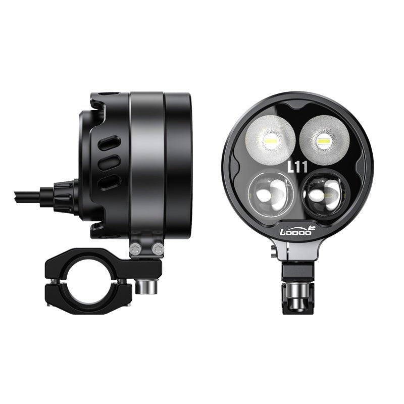 Faro L11 smontato dal collare e vista frontale dell'ottica a quattro LED