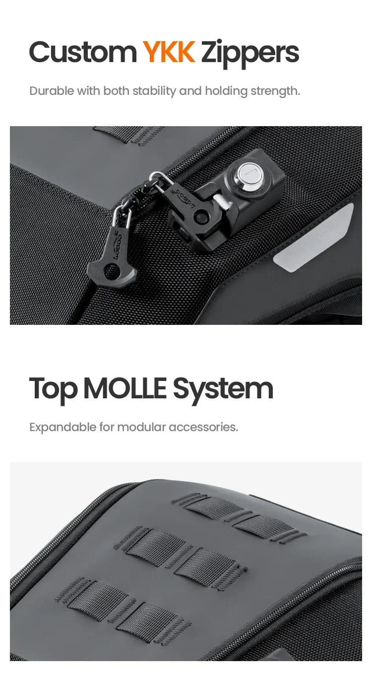 YKK zipper and MOLLE system on the back
