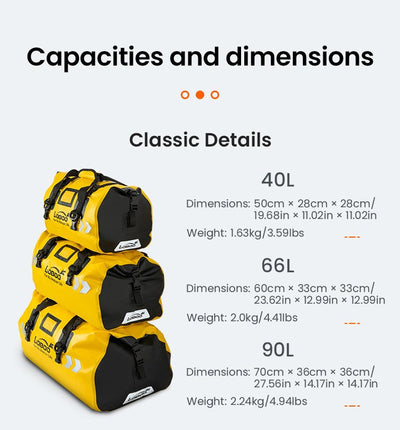 Dimensioni e pesi della versione Classic: 40L, 66L e 90L