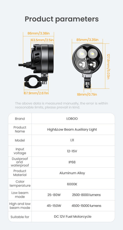 Scheda tecnica del faro ausiliario LOBOO L11