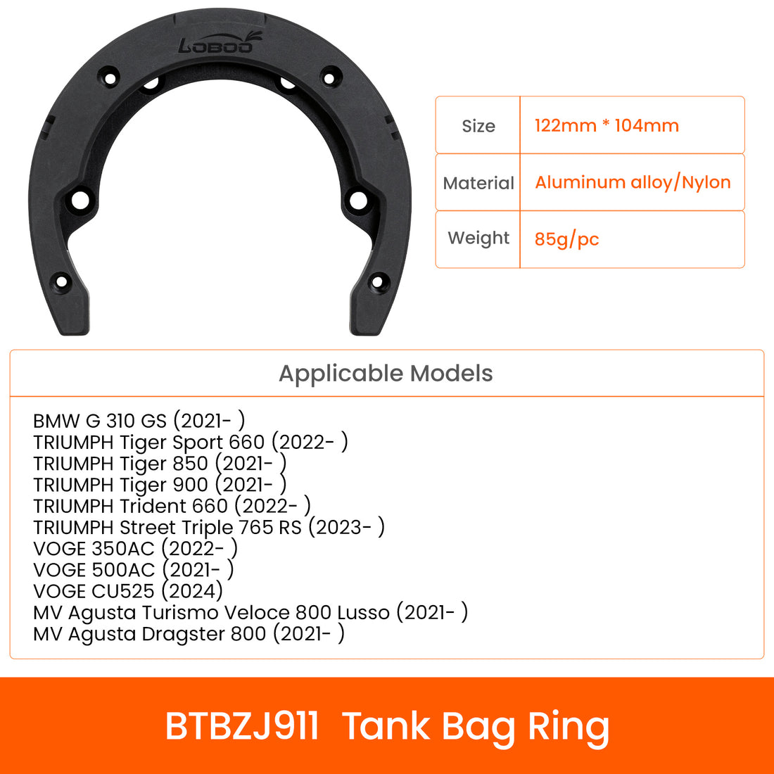 Anello serbatoio LOBOO BTBZJ911 per BMW G 310 GS, Triumph Tiger 660, 850 e 900 e VOGE AC