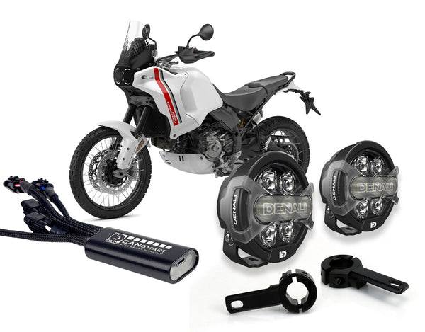 D7 PRO auxiliary light kit with engine guard collars and control unit for Ducati DesertX