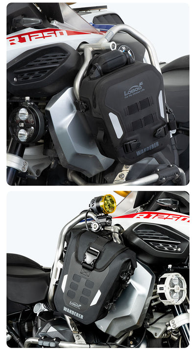 Borse gonfiabili LOBOO Wanderer BHGB05T installate sulle barre paramotore di una BMW R 1250 GS