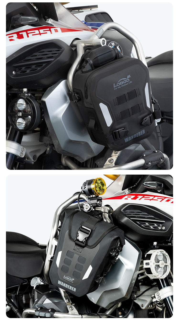Borse gonfiabili LOBOO Wanderer BHGB05T installate sulle barre paramotore di una BMW R 1250 GS