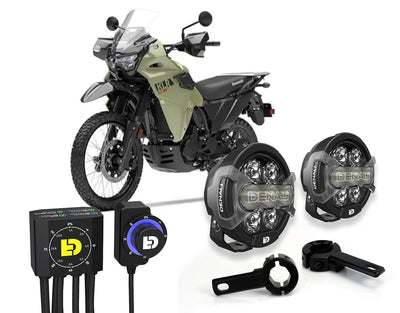 Kit DENALI DNL08KIT002C con faretti D7 PRO e collari sulla Kawasaki KLR 650