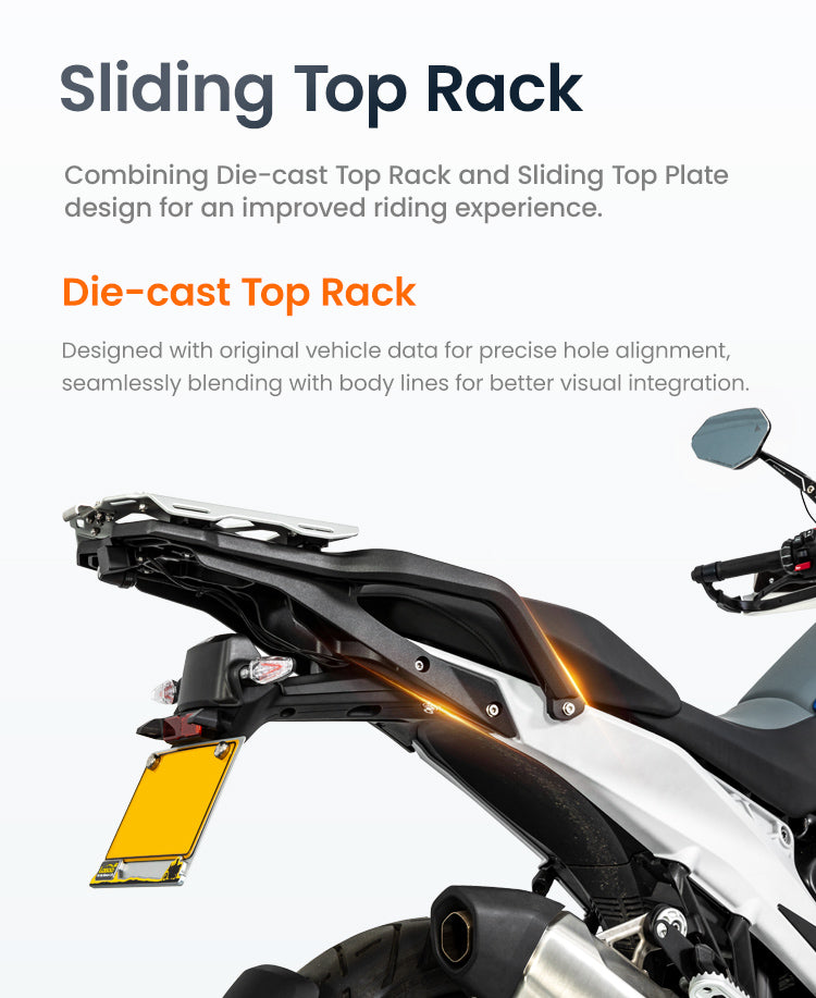 Portapacchi scorrevole LOBOO Sliding Top Rack con base pressofusa allineata ai fori originali della BMW R 1300 GS