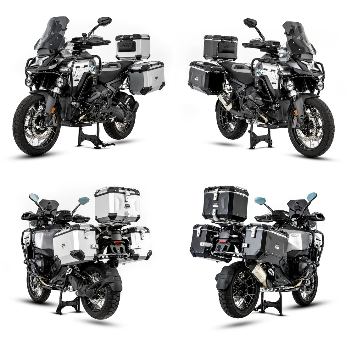 BMW R 1300 GS equipaggiata con il set completo di valigie LOBOO CONQUEROR, quattro viste a confronto in argento e nero